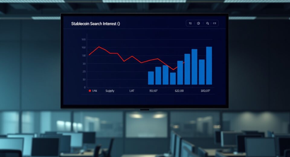Data dashboard showing declining stablecoin search interest and supply growth charts in a newsroom setting.