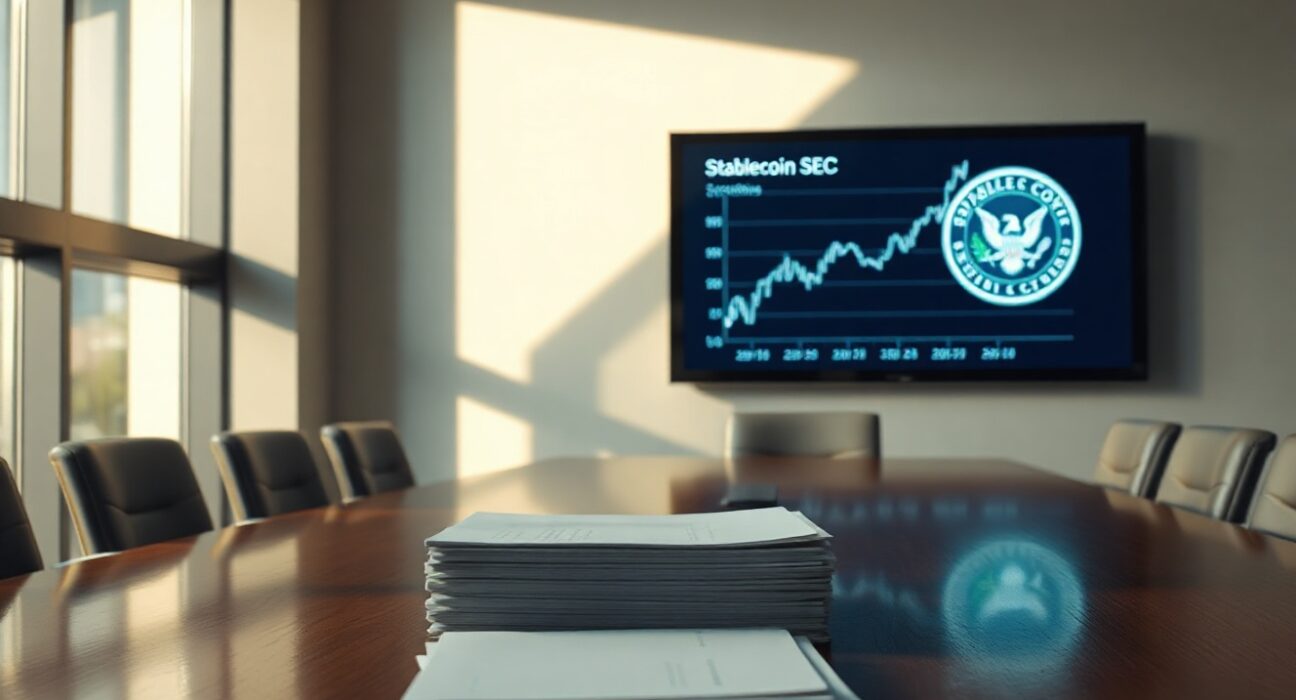 Professional office setting with SEC filings and a digital chart showing a rise in stablecoin mentions.