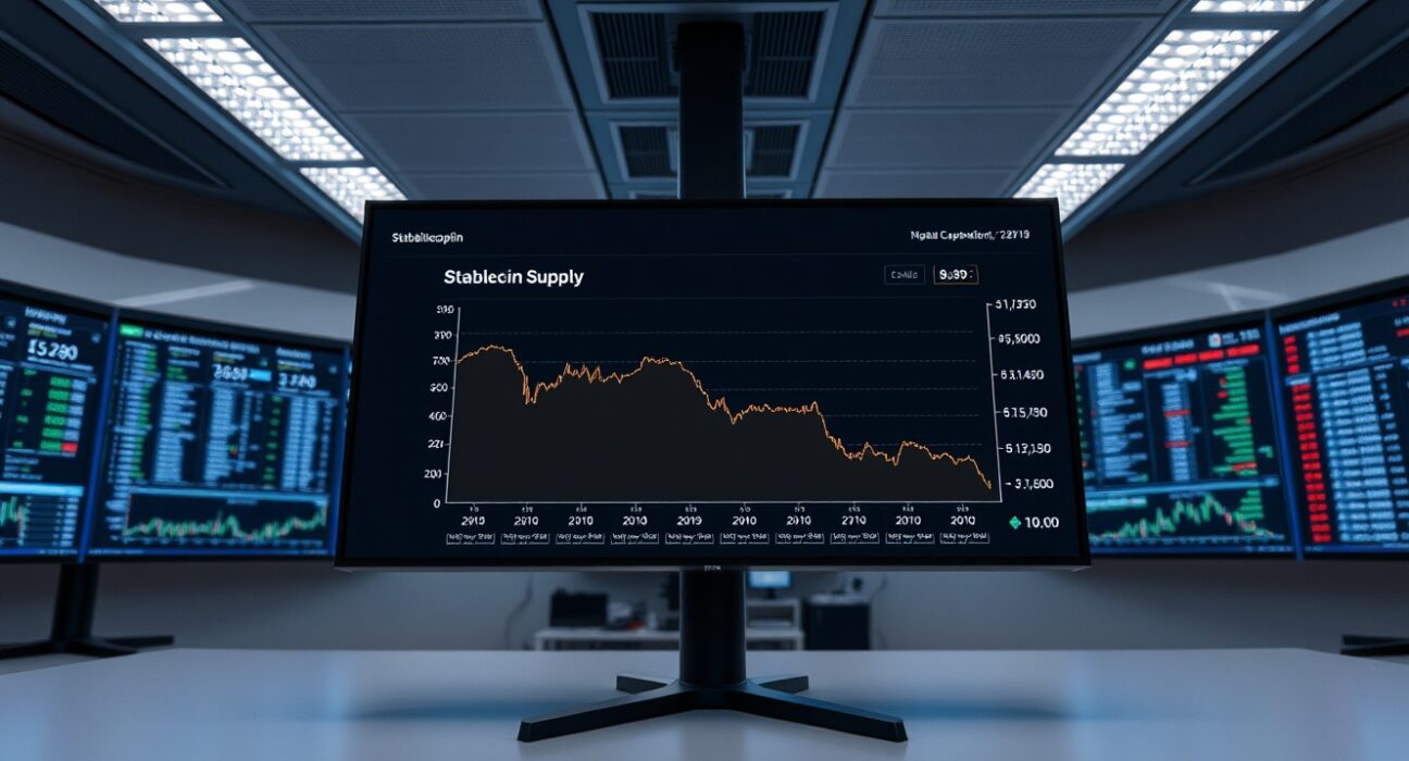 Declining stablecoin supply chart displayed on a digital screen in a data center