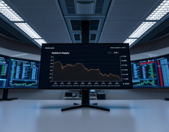 Declining stablecoin supply chart displayed on a digital screen in a data center