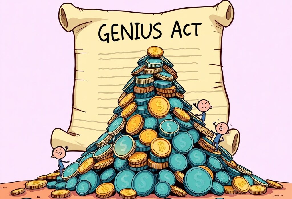 A cartoon illustration showing a stablecoin supply surge, with USDe and USDS symbols growing after the GENIUS Act.