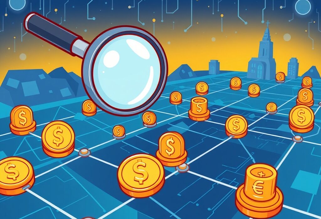 A vibrant cartoon illustration showing a digital eye tracking the flow of stablecoins across blockchain networks, symbolizing advanced stablecoin tracking.
