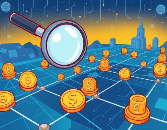 A vibrant cartoon illustration showing a digital eye tracking the flow of stablecoins across blockchain networks, symbolizing advanced stablecoin tracking.