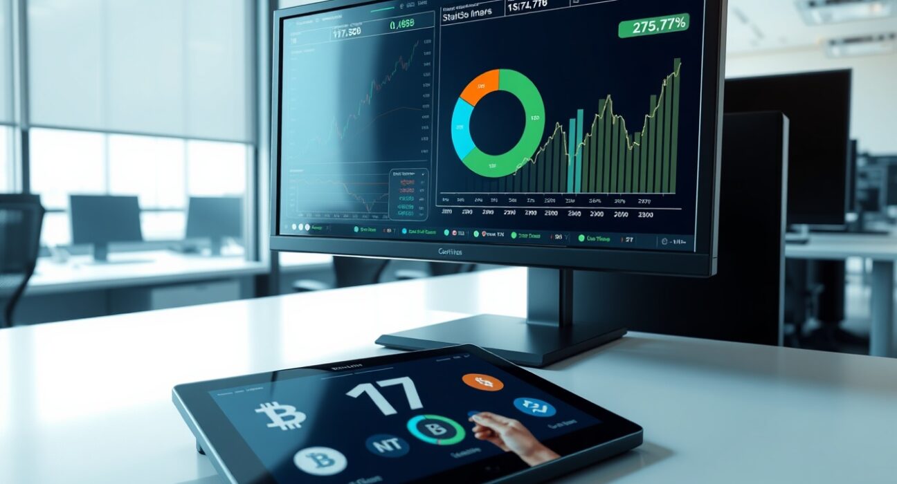 Professional trading desk showing cryptocurrency market data with stablecoins dominating 75% of trading volume