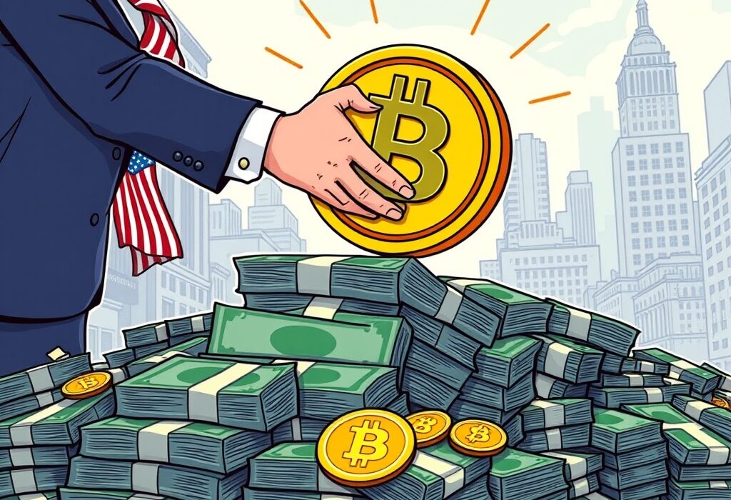 A cartoon illustration showing the U.S. Treasury engaging with stablecoin treasury buyers, symbolizing crypto's growing role in government finance.