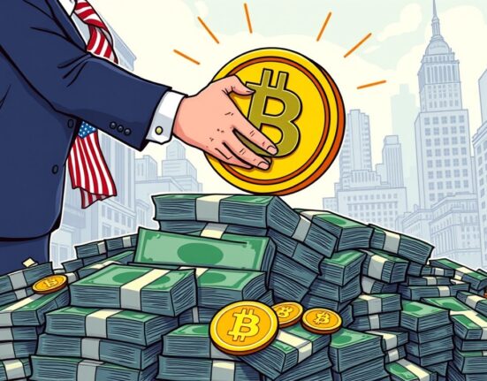 A cartoon illustration showing the U.S. Treasury engaging with stablecoin treasury buyers, symbolizing crypto's growing role in government finance.