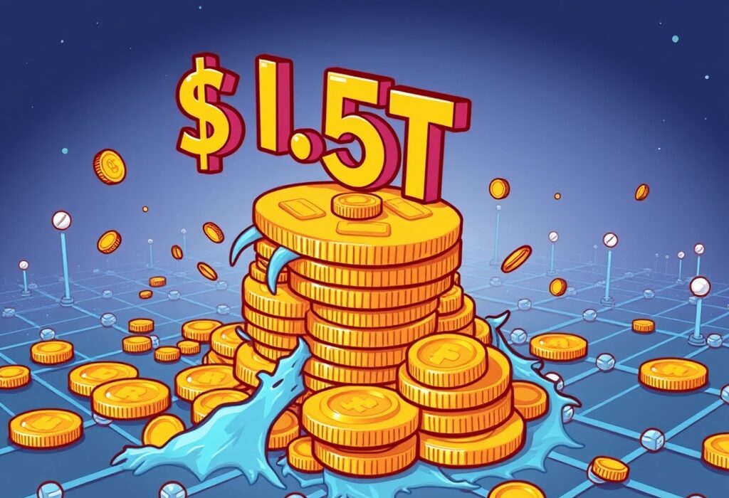 A cartoon illustration depicting record on-chain stablecoin volume flowing rapidly, symbolizing the significant growth in digital asset transactions.