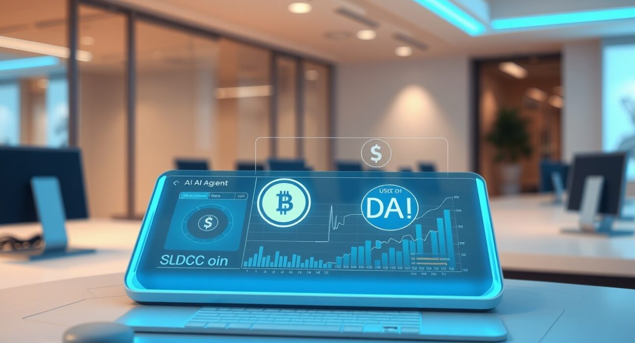 AI agent interface with stablecoin wallet visualization showing digital payment integration for