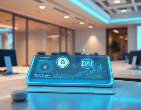 AI agent interface with stablecoin wallet visualization showing digital payment integration for