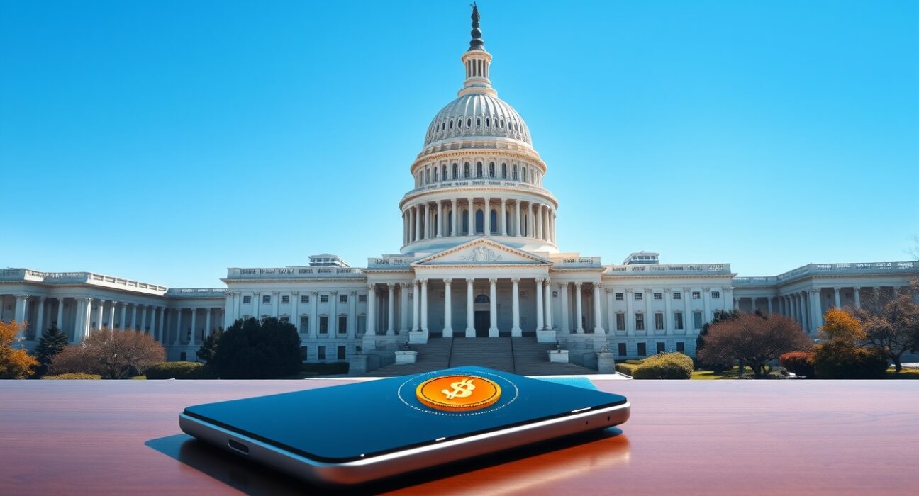 US Capitol Building with a digital tablet showing a stablecoin icon, symbolizing the legislative breakthrough on stablecoin yield rules.