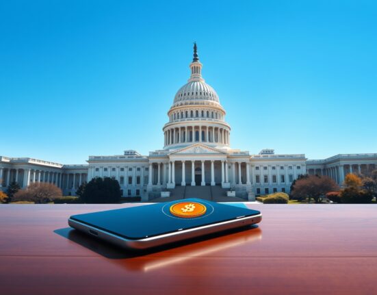 US Capitol Building with a digital tablet showing a stablecoin icon, symbolizing the legislative breakthrough on stablecoin yield rules.