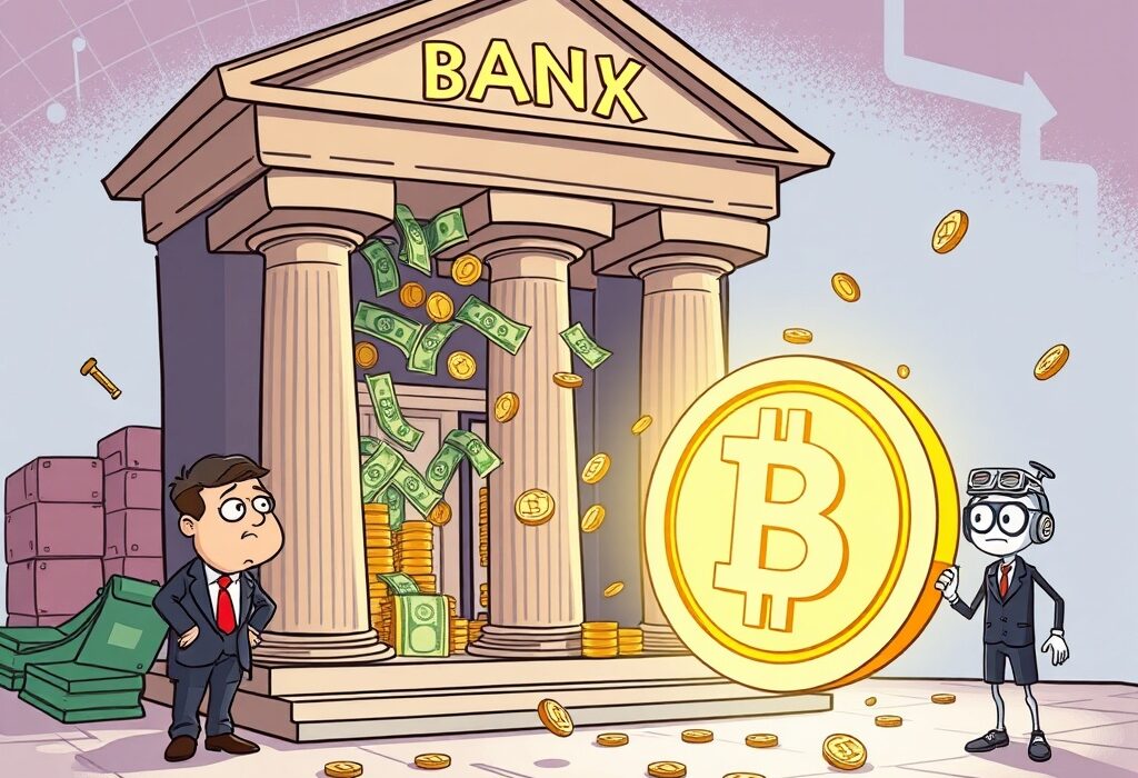 Cartoon showing stablecoin yields attracting money away from a traditional bank, illustrating potential deposit outflows.