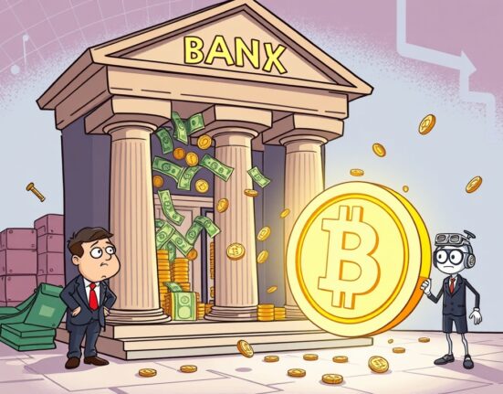 Cartoon showing stablecoin yields attracting money away from a traditional bank, illustrating potential deposit outflows.