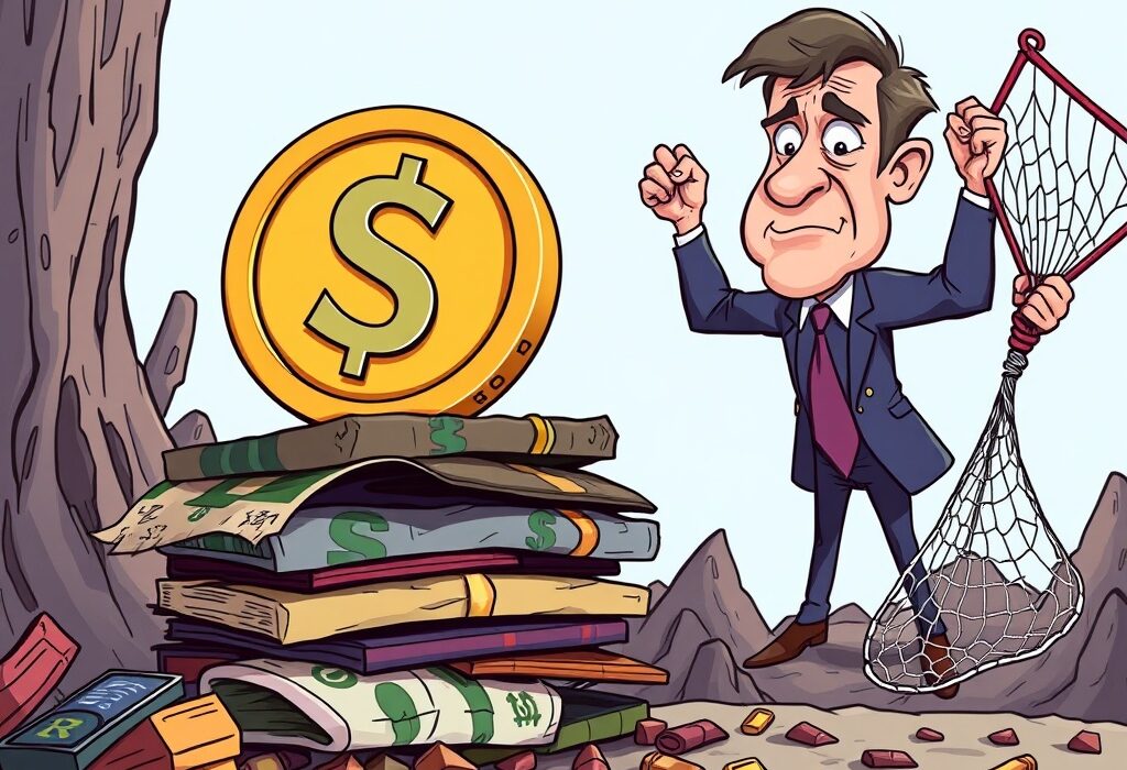 Cartoon showing a shaky stablecoin about to fall, with a government official preparing for a potential bailout, illustrating the dire warning about stablecoins.