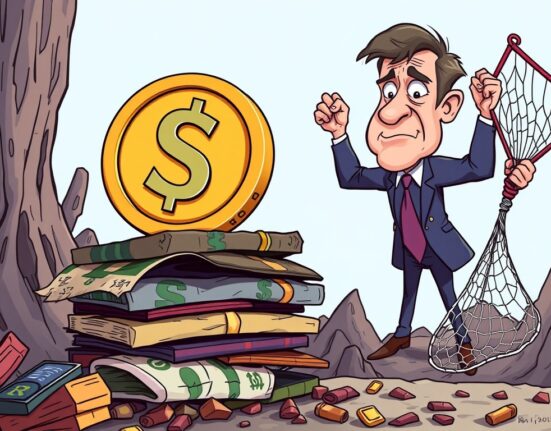 Cartoon showing a shaky stablecoin about to fall, with a government official preparing for a potential bailout, illustrating the dire warning about stablecoins.