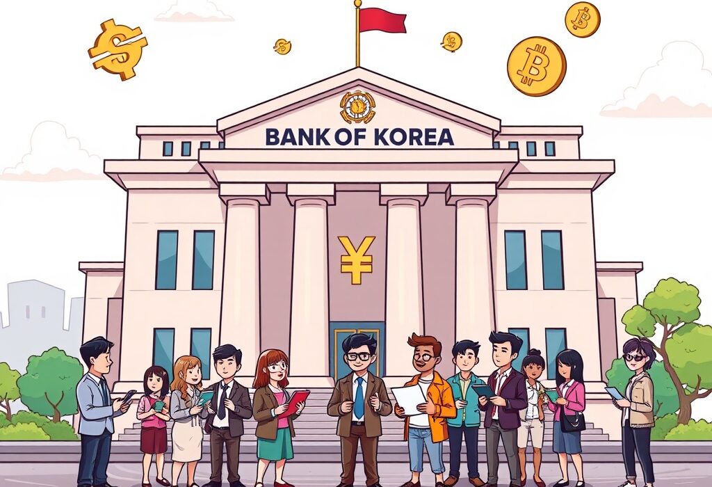 A cartoon illustration of the Bank of Korea's new virtual asset team collaborating on stablecoins, symbolizing digital finance innovation.