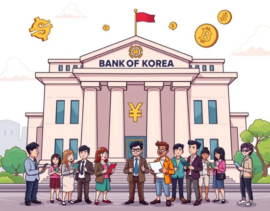 A cartoon illustration of the Bank of Korea's new virtual asset team collaborating on stablecoins, symbolizing digital finance innovation.