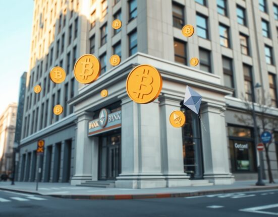 Bank building with digital cryptocurrency symbols representing stablecoin impact on traditional banking profits.