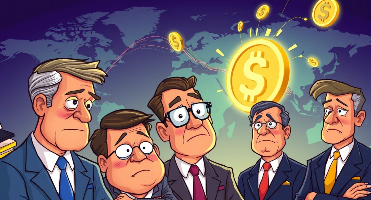 Cartoon of bank executives misunderstanding stablecoins' role in expanding global dollar influence, highlighting their economic impact.