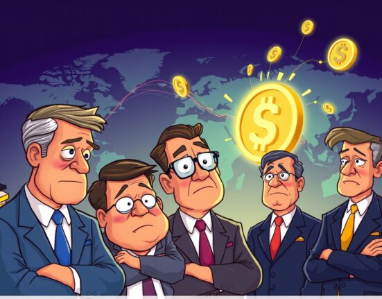 Cartoon of bank executives misunderstanding stablecoins' role in expanding global dollar influence, highlighting their economic impact.