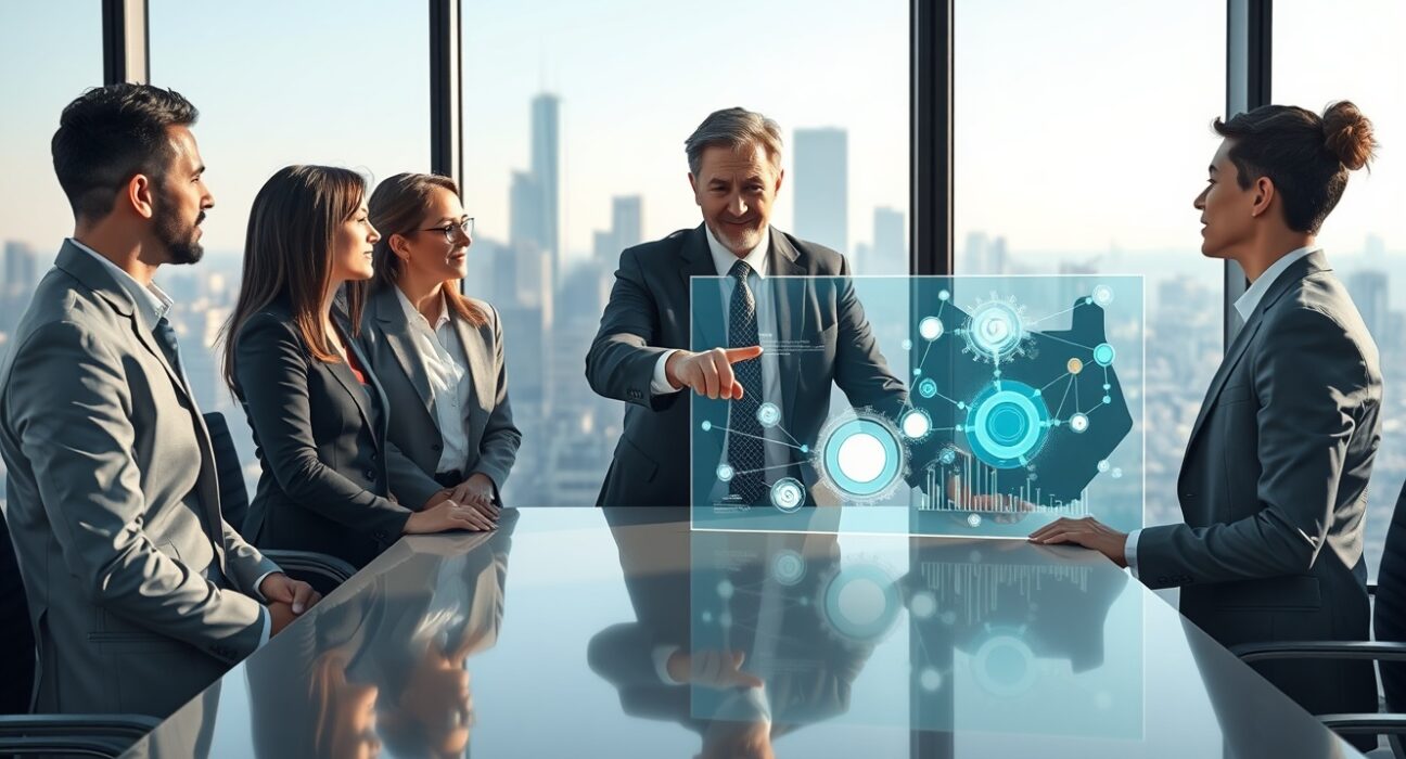 Corporate executives discussing stablecoin adoption in modern boardroom meeting about blockchain finance