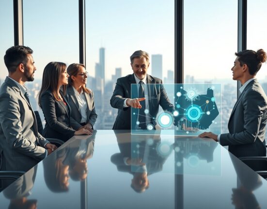 Corporate executives discussing stablecoin adoption in modern boardroom meeting about blockchain finance