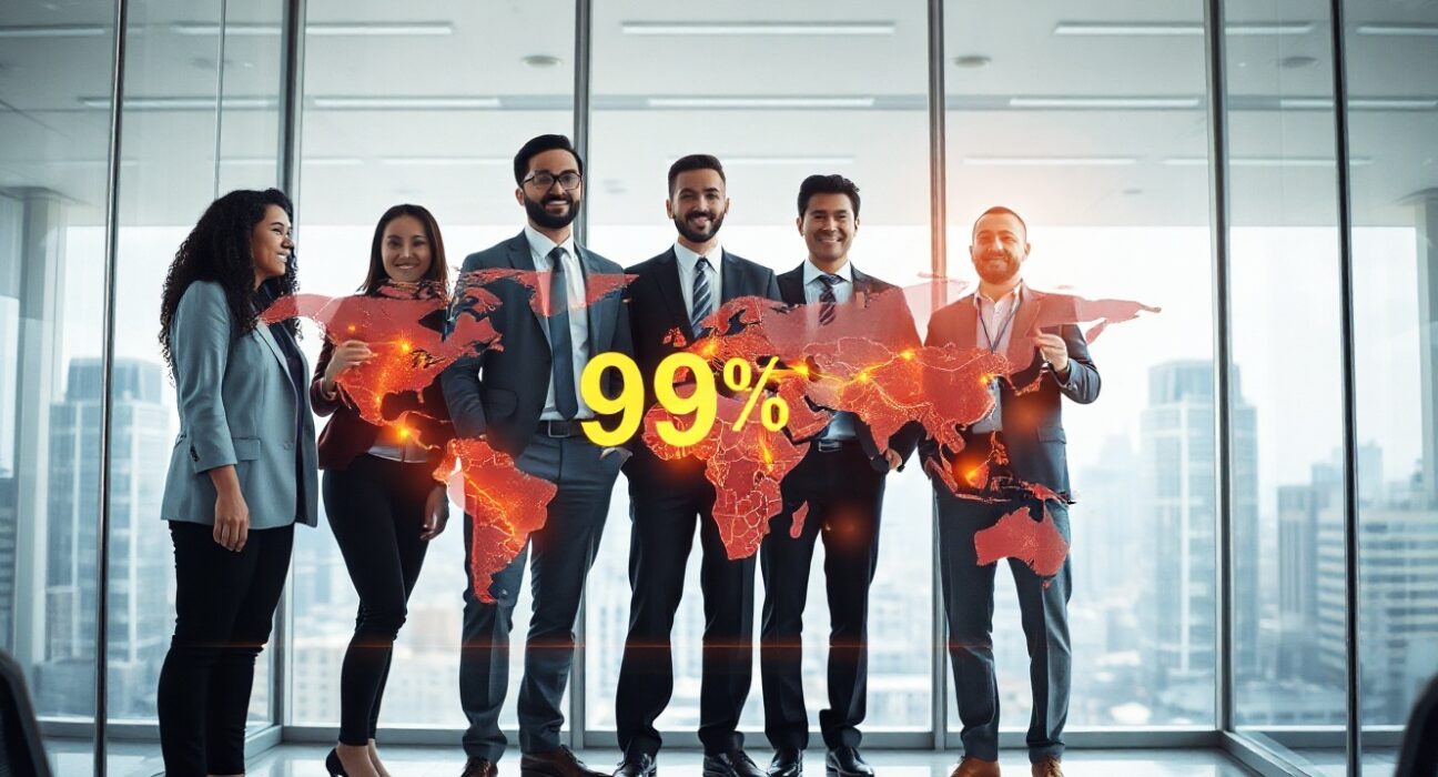 Business team analyzing stablecoin B2B transaction data on a large digital display in a modern glass-walled conference room.
