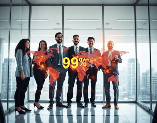 Business team analyzing stablecoin B2B transaction data on a large digital display in a modern glass-walled conference room.