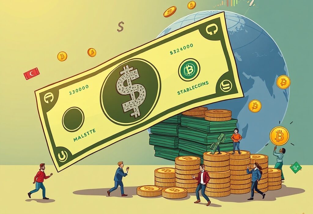 Cartoon illustration of stablecoins bolstering US dollar dominance by attracting individual investors to government debt.