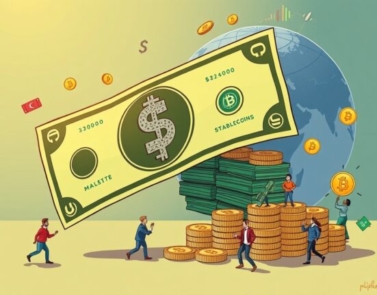 Cartoon illustration of stablecoins bolstering US dollar dominance by attracting individual investors to government debt.