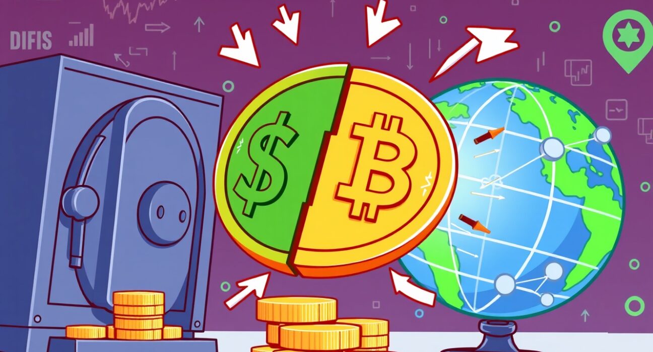 Cartoon illustration of stablecoins influencing global dollar liquidity between digital and traditional finance.