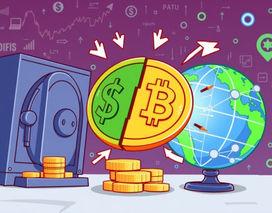 Cartoon illustration of stablecoins influencing global dollar liquidity between digital and traditional finance.