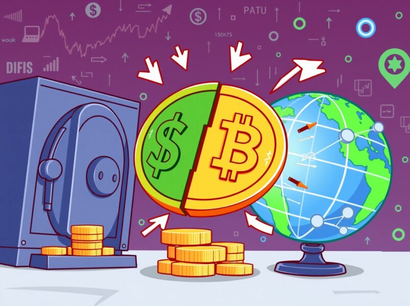 Cartoon illustration of stablecoins influencing global dollar liquidity between digital and traditional finance.