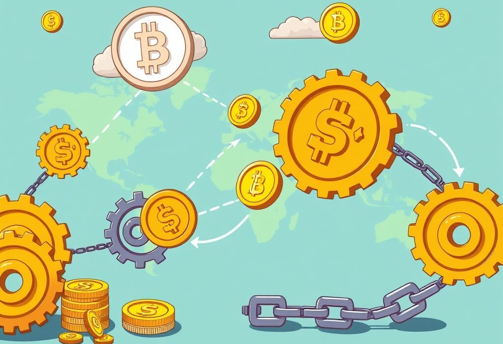 An illustration showing Stablecoins and DeFi streamlining global finance, reducing high financial costs.