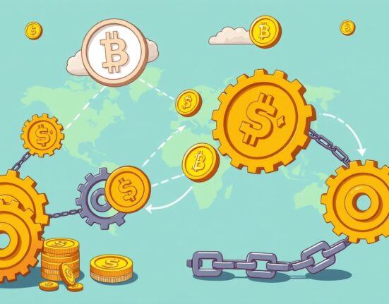 An illustration showing Stablecoins and DeFi streamlining global finance, reducing high financial costs.