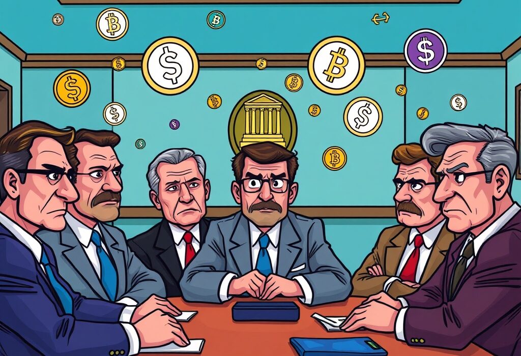 A cartoon illustration showing central bankers discussing stablecoins and digital currencies, highlighting their growing importance in financial policy.