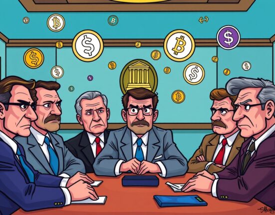 A cartoon illustration showing central bankers discussing stablecoins and digital currencies, highlighting their growing importance in financial policy.