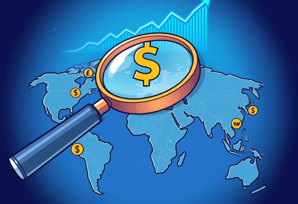 A cartoon illustration showing global interest in stablecoins, with a magnifying glass over a world map and upward trending charts, symbolizing the surge in stablecoin searches.