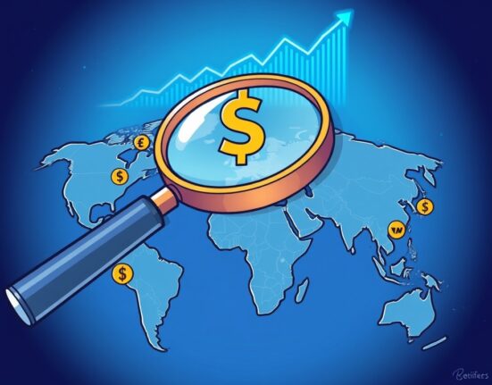 A cartoon illustration showing global interest in stablecoins, with a magnifying glass over a world map and upward trending charts, symbolizing the surge in stablecoin searches.