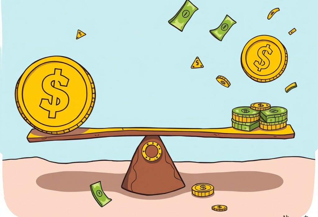 A cartoon illustration showing stablecoins bringing balance to the economy, potentially stabilizing inflation.
