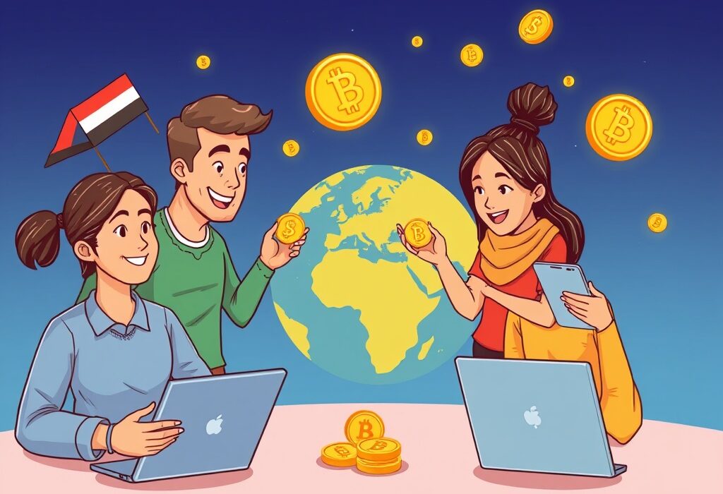 Cartoon showing secure, fast stablecoins for international remittances, connecting people globally and bypassing traditional bank delays.