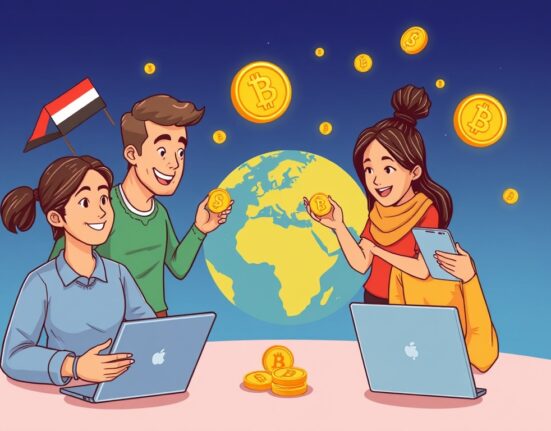 Cartoon showing secure, fast stablecoins for international remittances, connecting people globally and bypassing traditional bank delays.