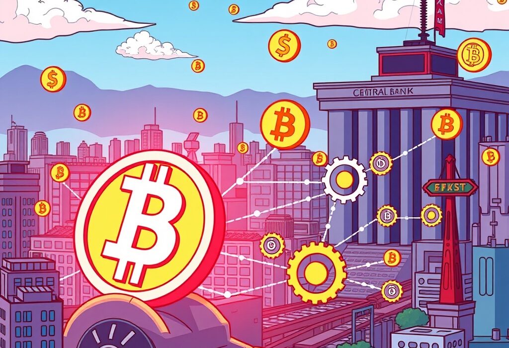 A cartoon illustration depicting stablecoins' profound impact on Japan's non-bank transactions, symbolizing financial innovation.