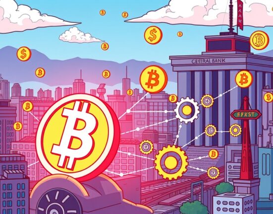 A cartoon illustration depicting stablecoins' profound impact on Japan's non-bank transactions, symbolizing financial innovation.