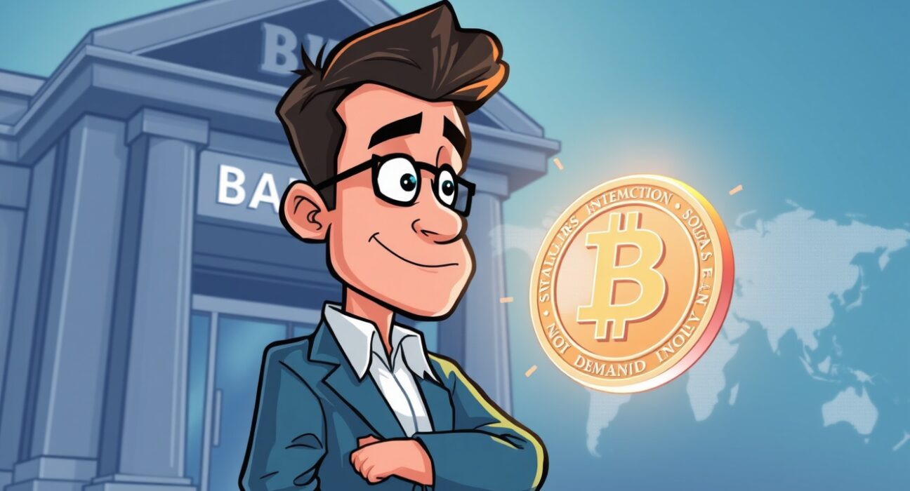 A cartoon illustration showing a bank CEO confidently observing stablecoins, symbolizing their non-threatening integration into the global financial system.