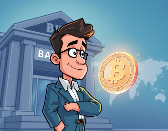 A cartoon illustration showing a bank CEO confidently observing stablecoins, symbolizing their non-threatening integration into the global financial system.