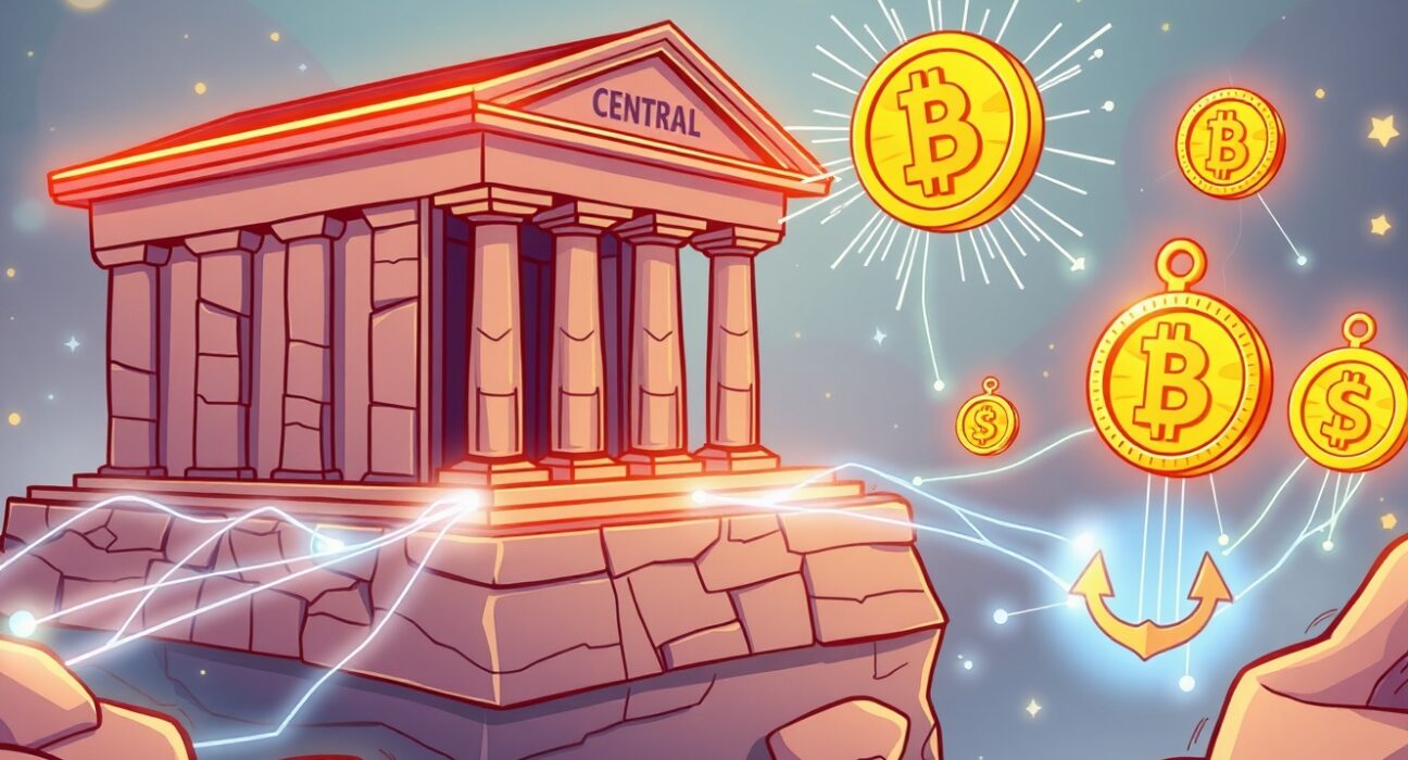 A vibrant cartoon showing stablecoins integrating with a traditional central bank, symbolizing their move into the financial mainstream.