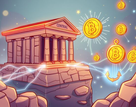 A vibrant cartoon showing stablecoins integrating with a traditional central bank, symbolizing their move into the financial mainstream.