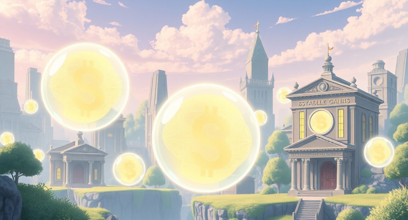 Conceptual illustration distinguishing stablecoin regulation from traditional bank deposits in digital finance.