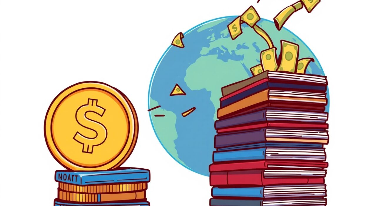 A cartoon illustration showing stablecoins efficiently facilitating global payments, contrasting with expensive traditional card fees.